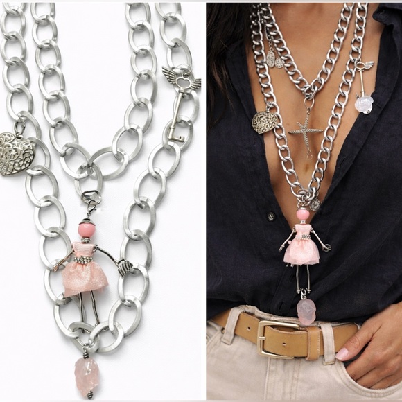 FBC Studio Jewelry - NWT Boho Charm Necklace with Pink Doll Pendant | Chunky Silver Artisan Chain